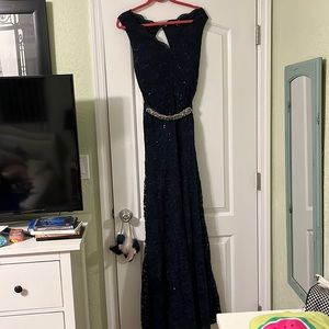 My Michelle floor length navy sequin lace gown